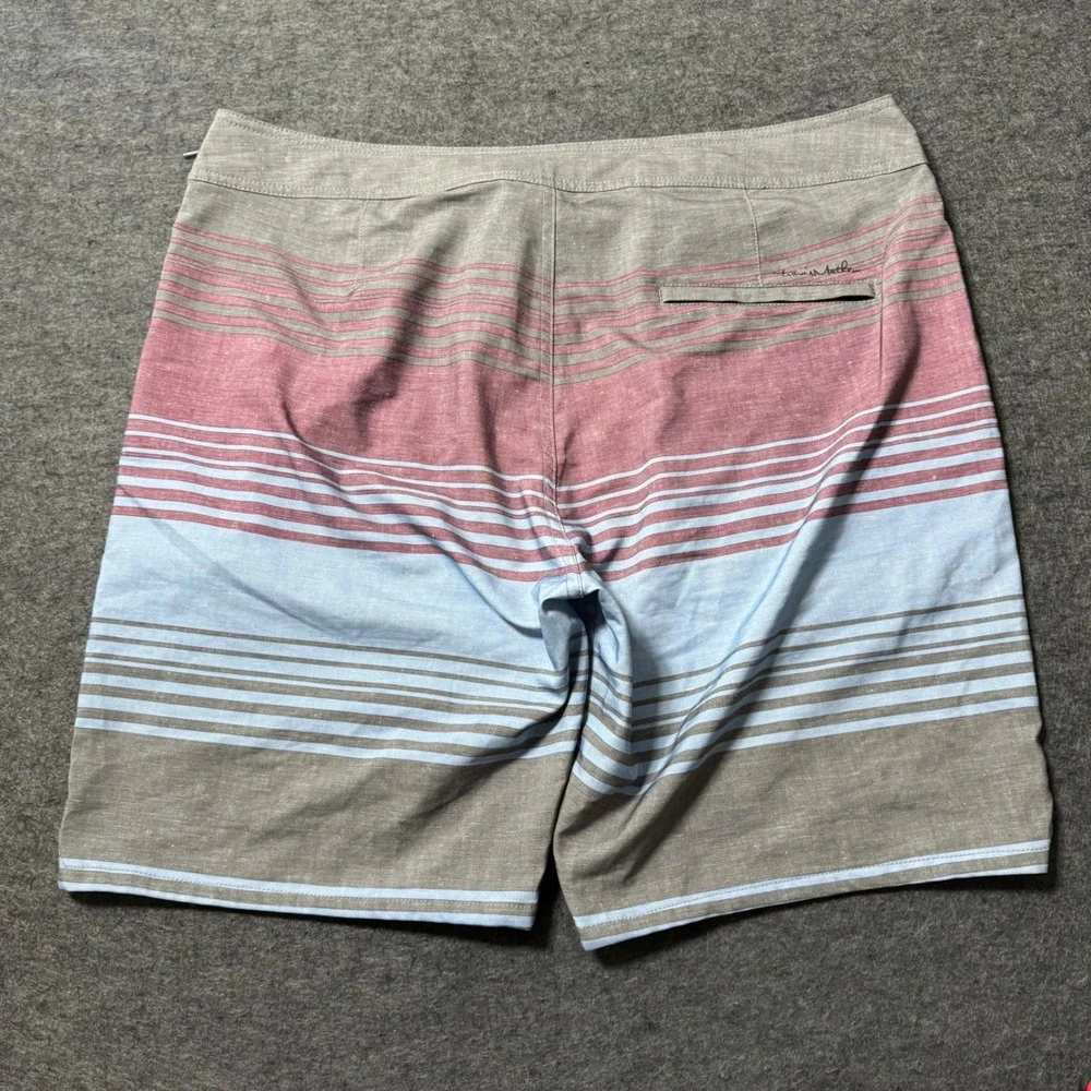 TravisMathew Mens Striped Board Shorts Grey Burgundy Blue Size 38 Swim Trunks